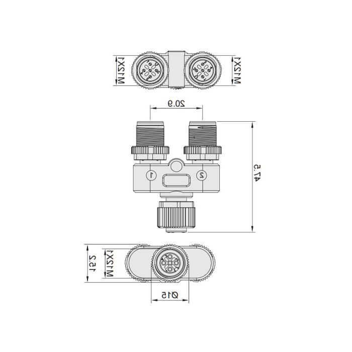 M12 5Pin female /M12 3Pin male +M12 2Pin male, Tee, 645231